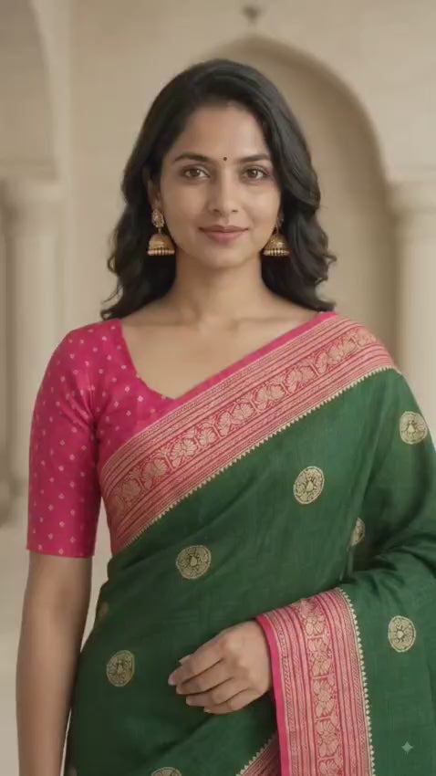 Elegant Dark Green Silk Blend Saree with Contrast Pink Zari Border