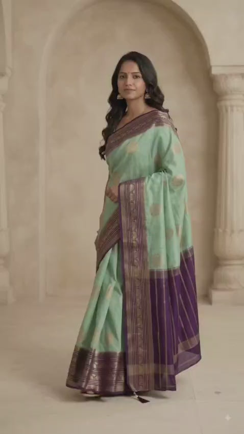 Elegant Mint Sea Green Silk Blend Saree with Contrast Purple Zari Border