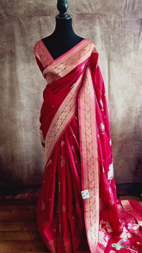 Elegant Red and Gold Russian Silk Saree